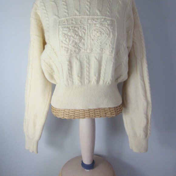 Vtg Orvis Women M Ivory LS Mock Neck Cable Knit 100% Wool Crop Pullover Sweater - Picture 15 of 15